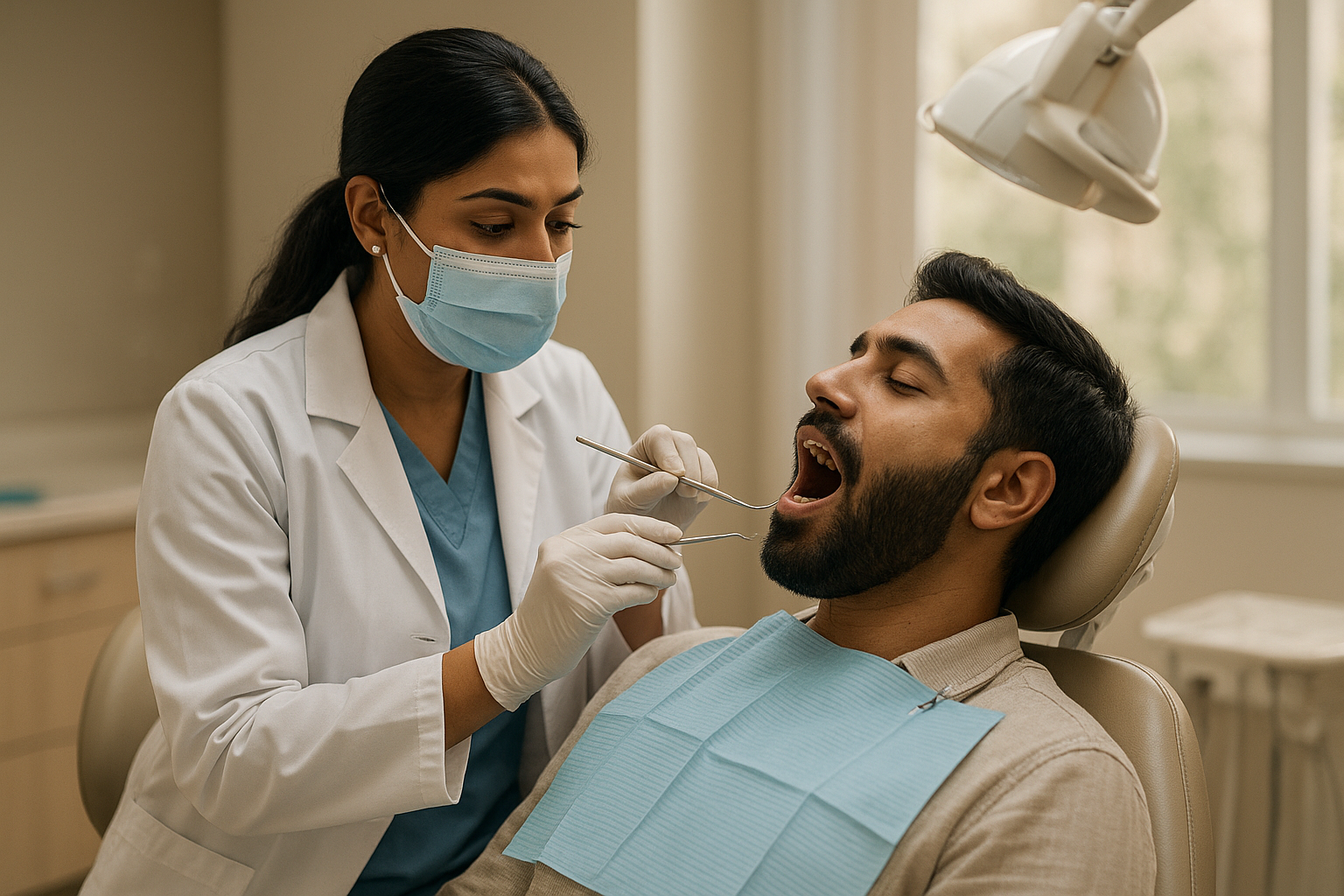 Dentist examining a patient during a checkup at a Sony Dental Care clinic